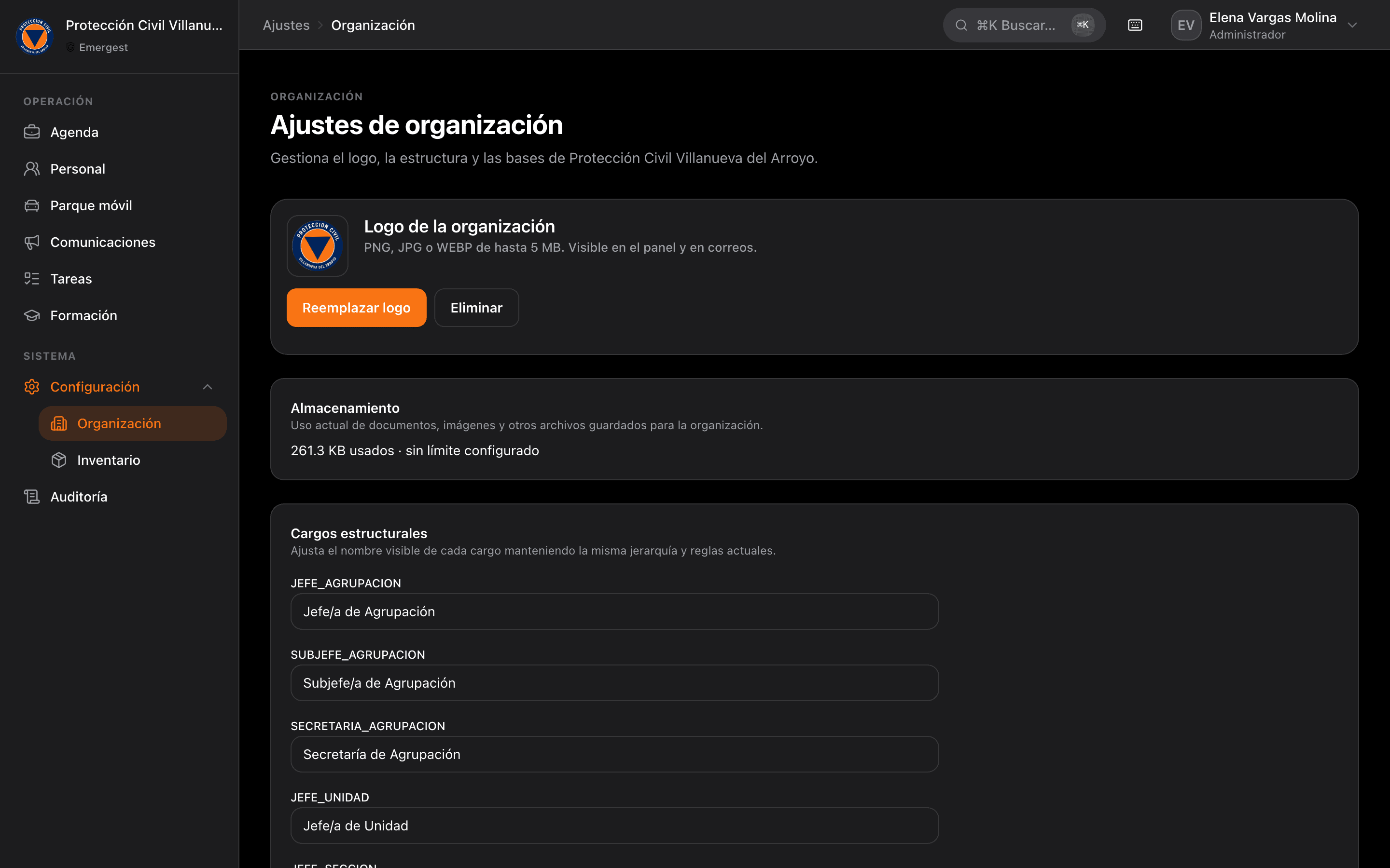 Configuración de una organización en Emergest