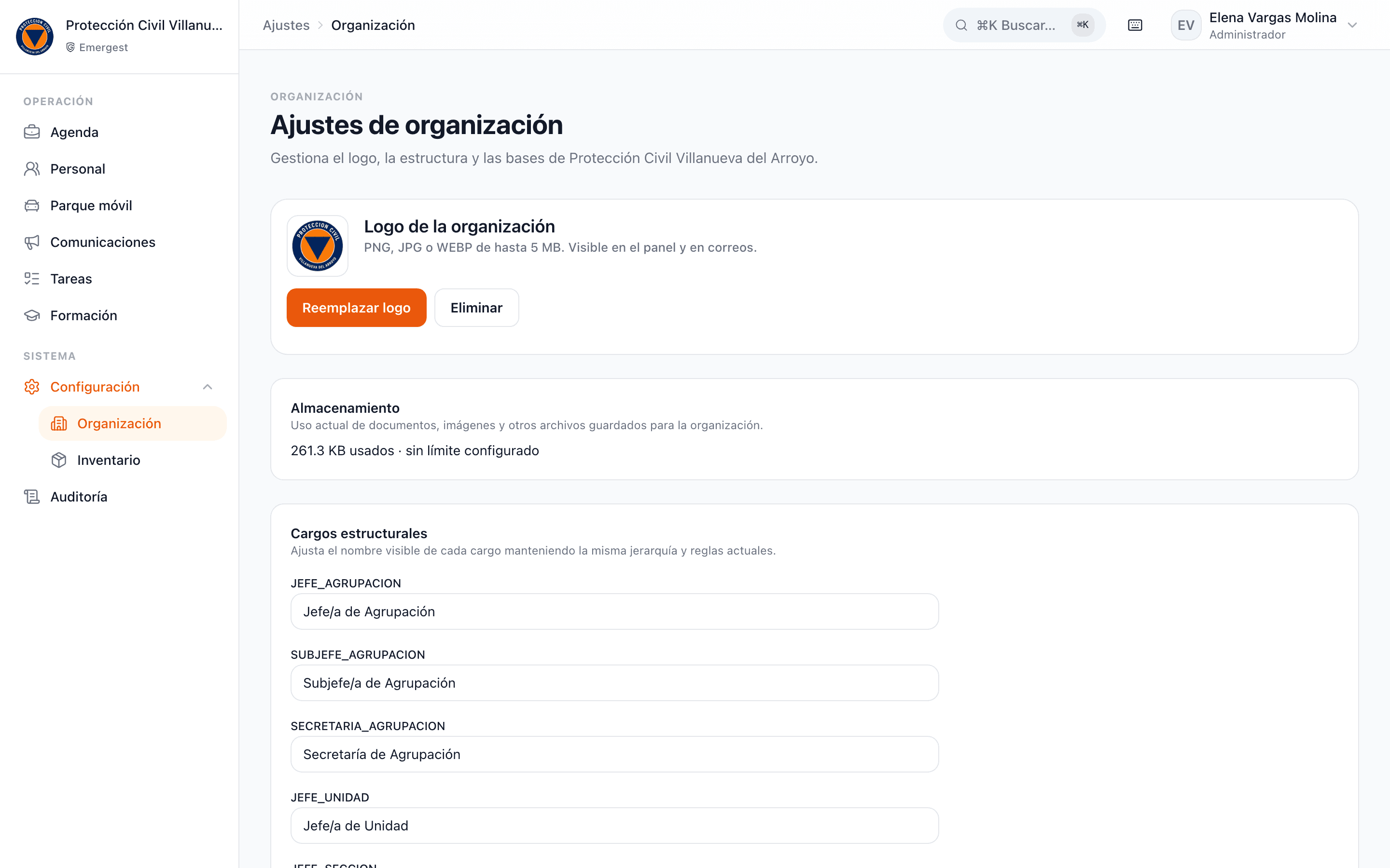 Configuración de una organización en Emergest
