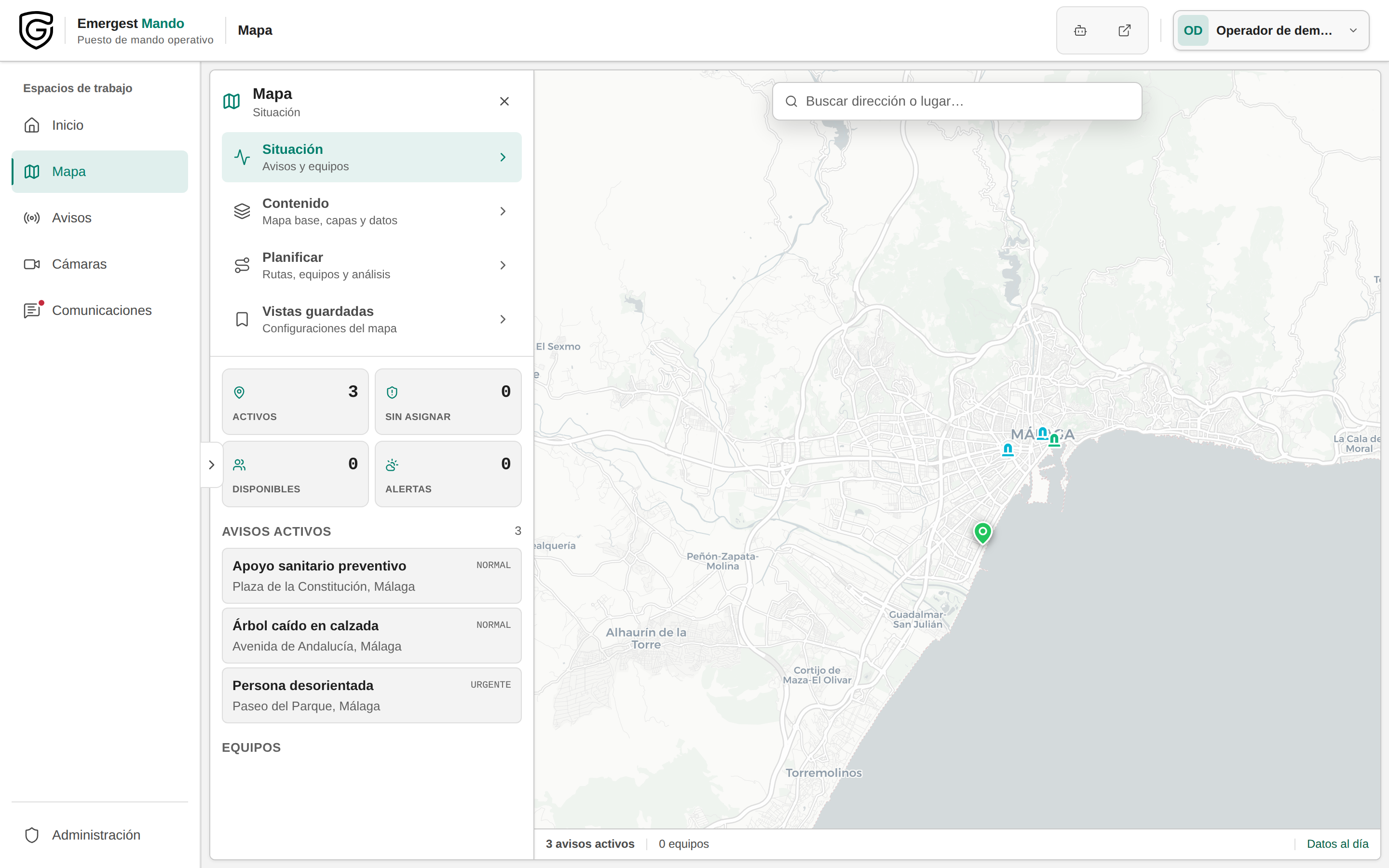 Mapa operativo de Emergest Mando con avisos activos en Málaga
