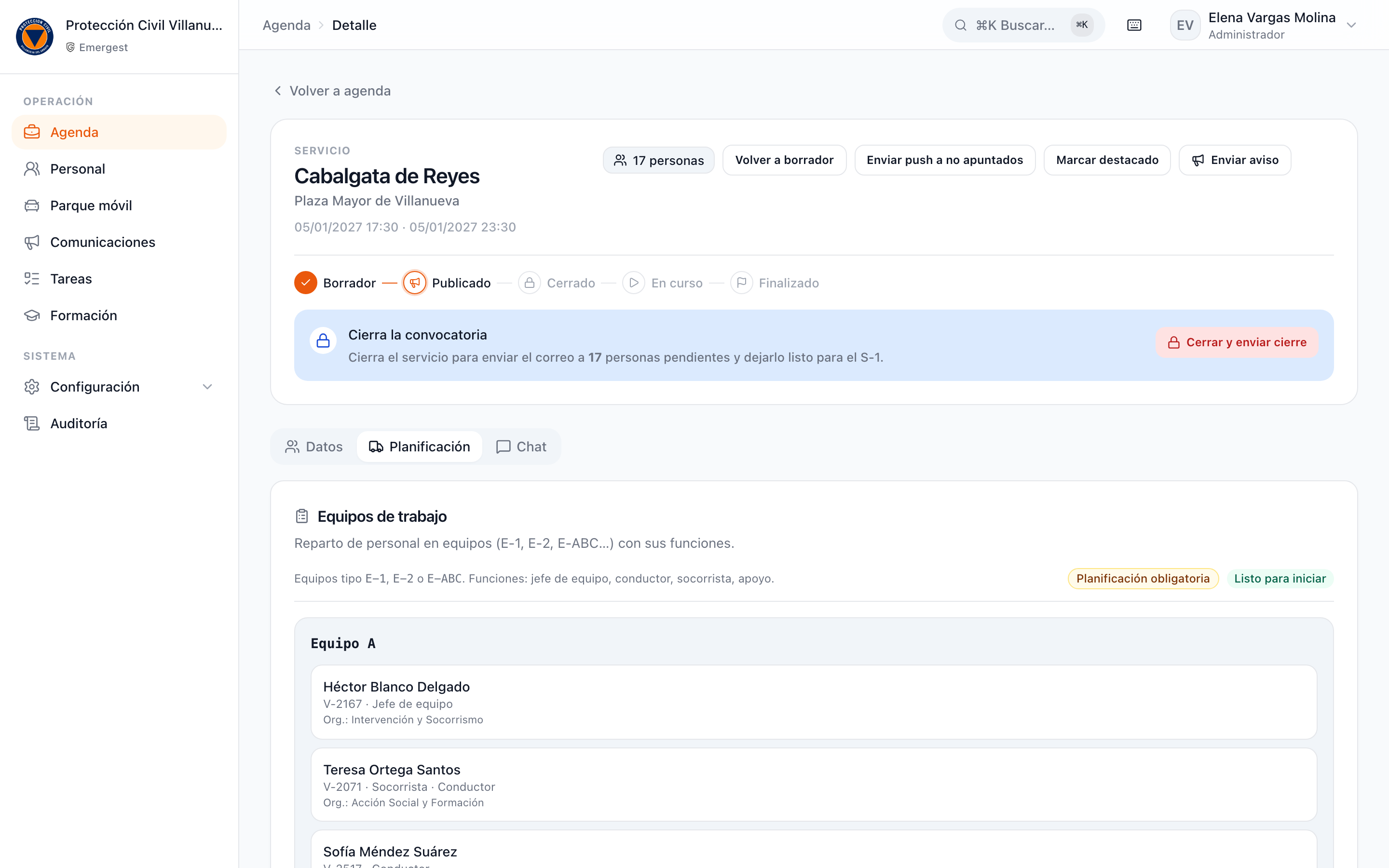 Planificación de un servicio con equipos, responsables y funciones