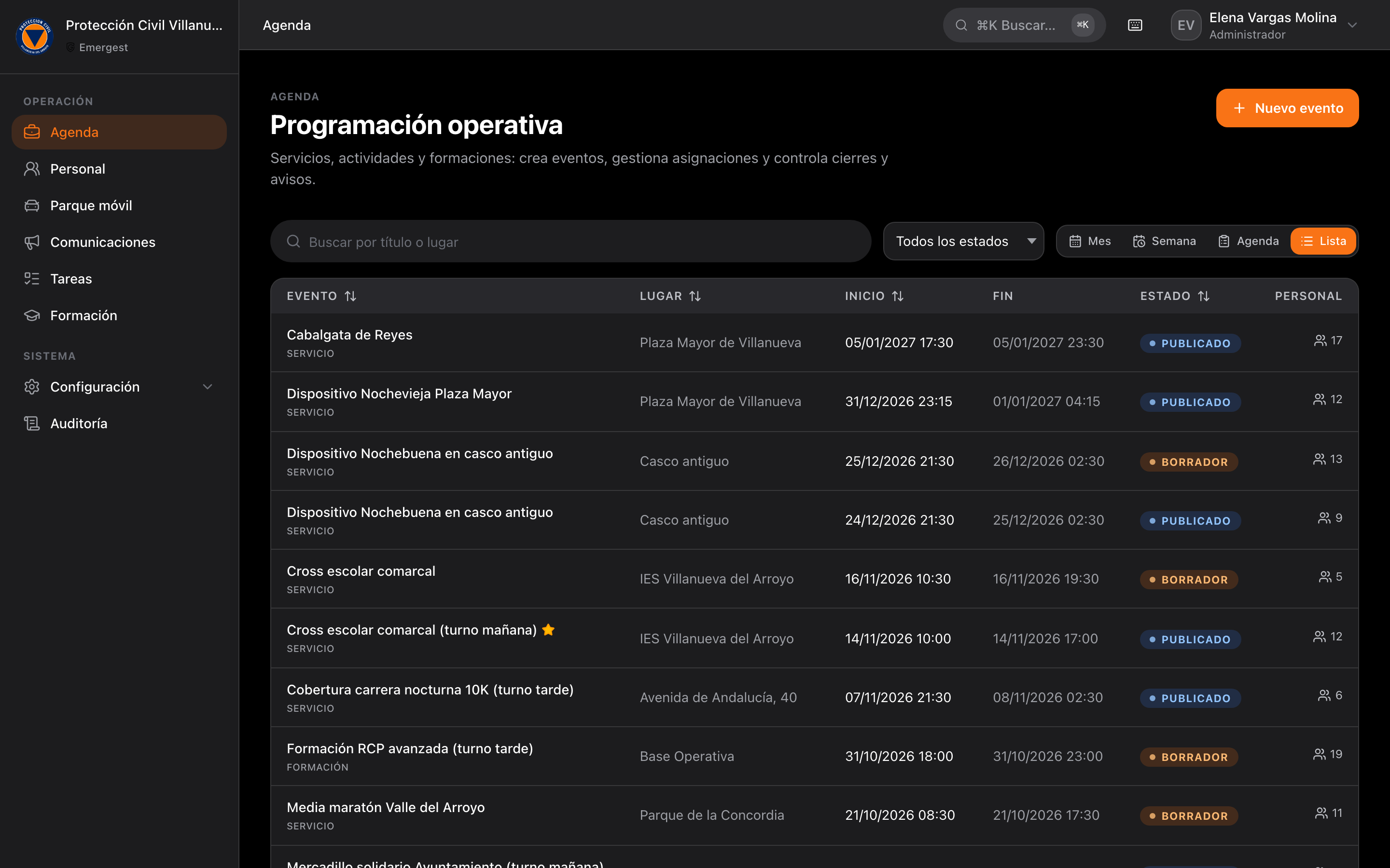 Agenda operativa de Emergest Gestión con servicios, fechas, estados y personal