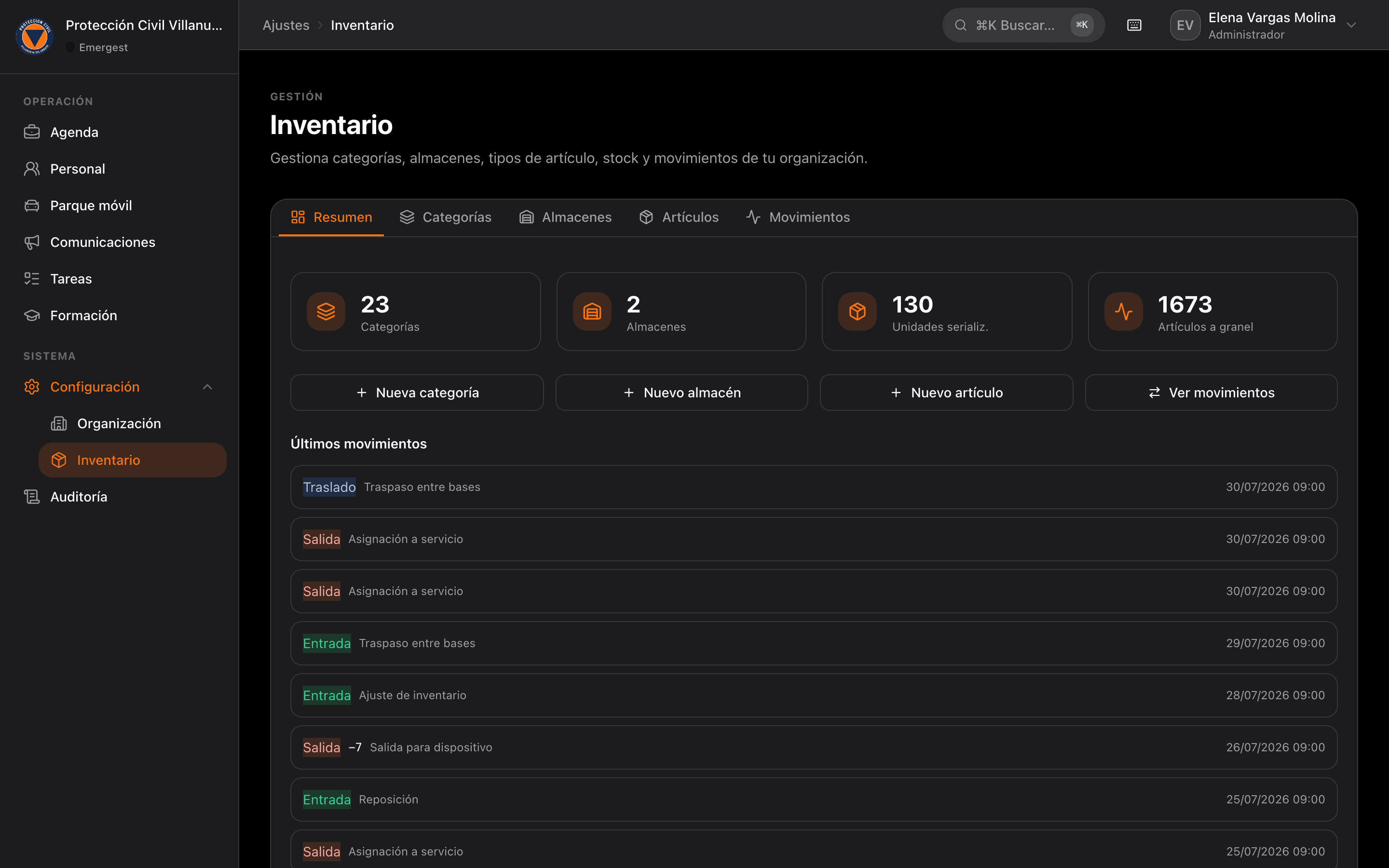 Inventario y almacenes de Protección Civil en Emergest