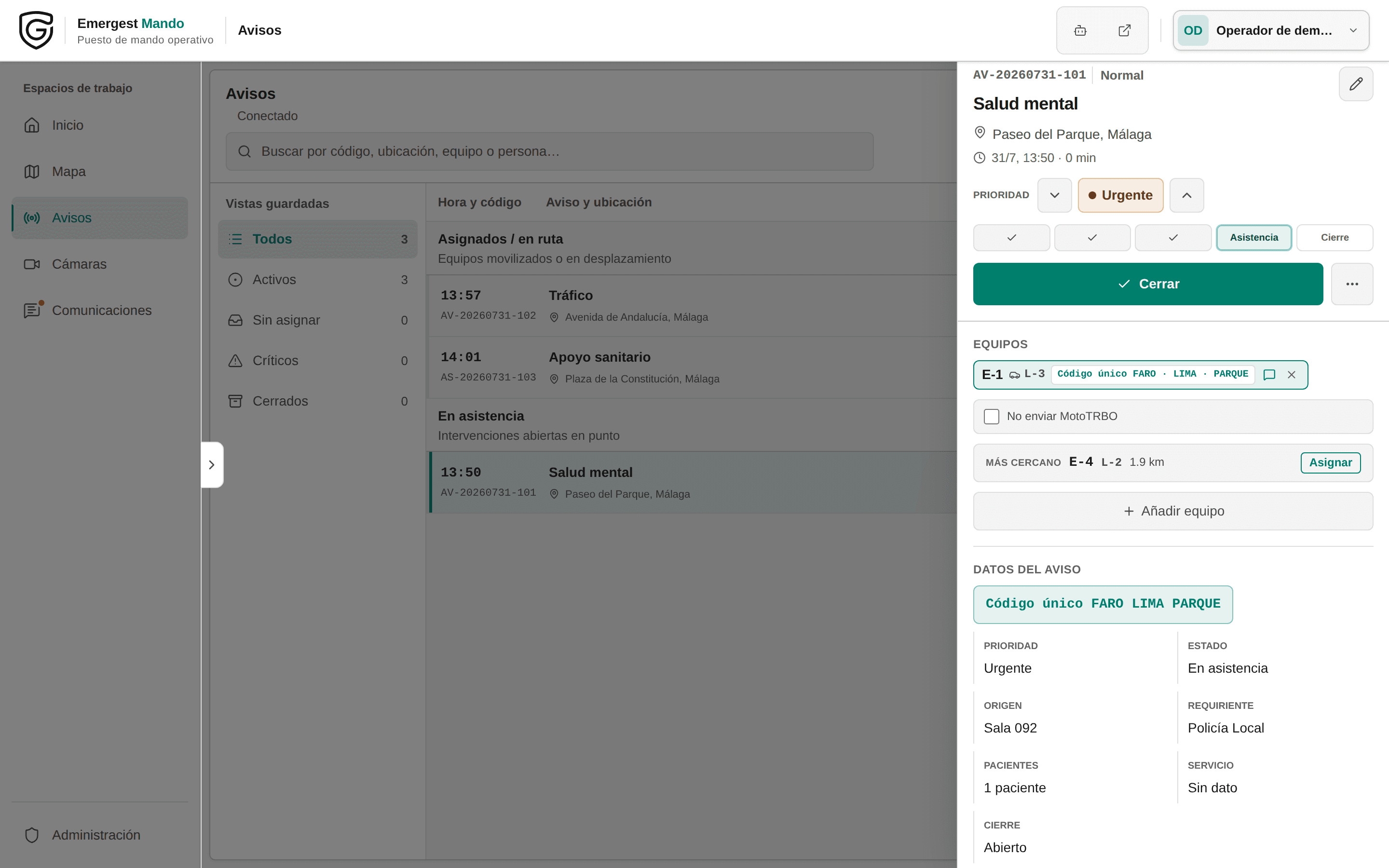 Detalle de un aviso en Emergest Mando con prioridad, equipo y código único