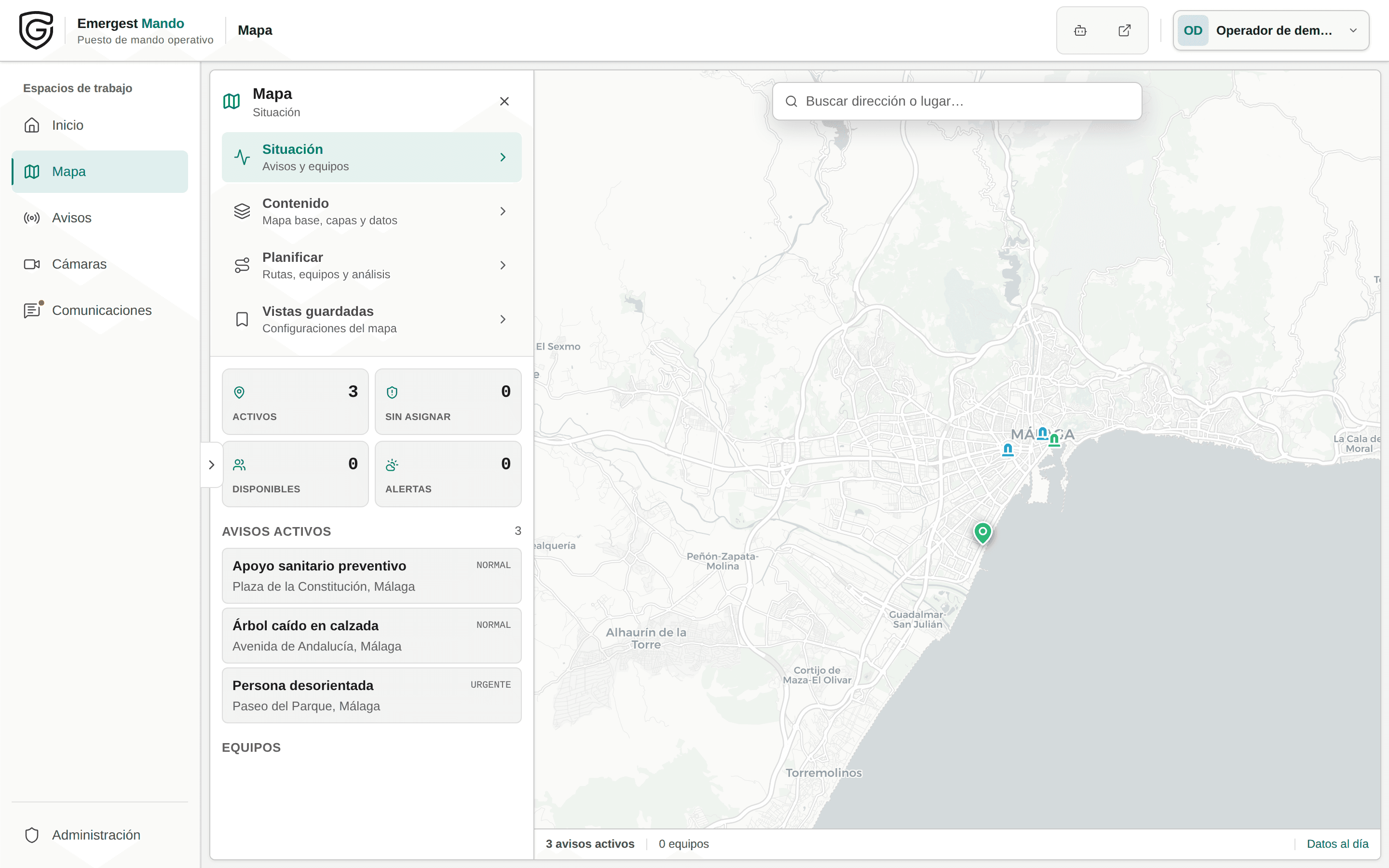 Mapa operativo de Emergest Mando con avisos activos en Málaga