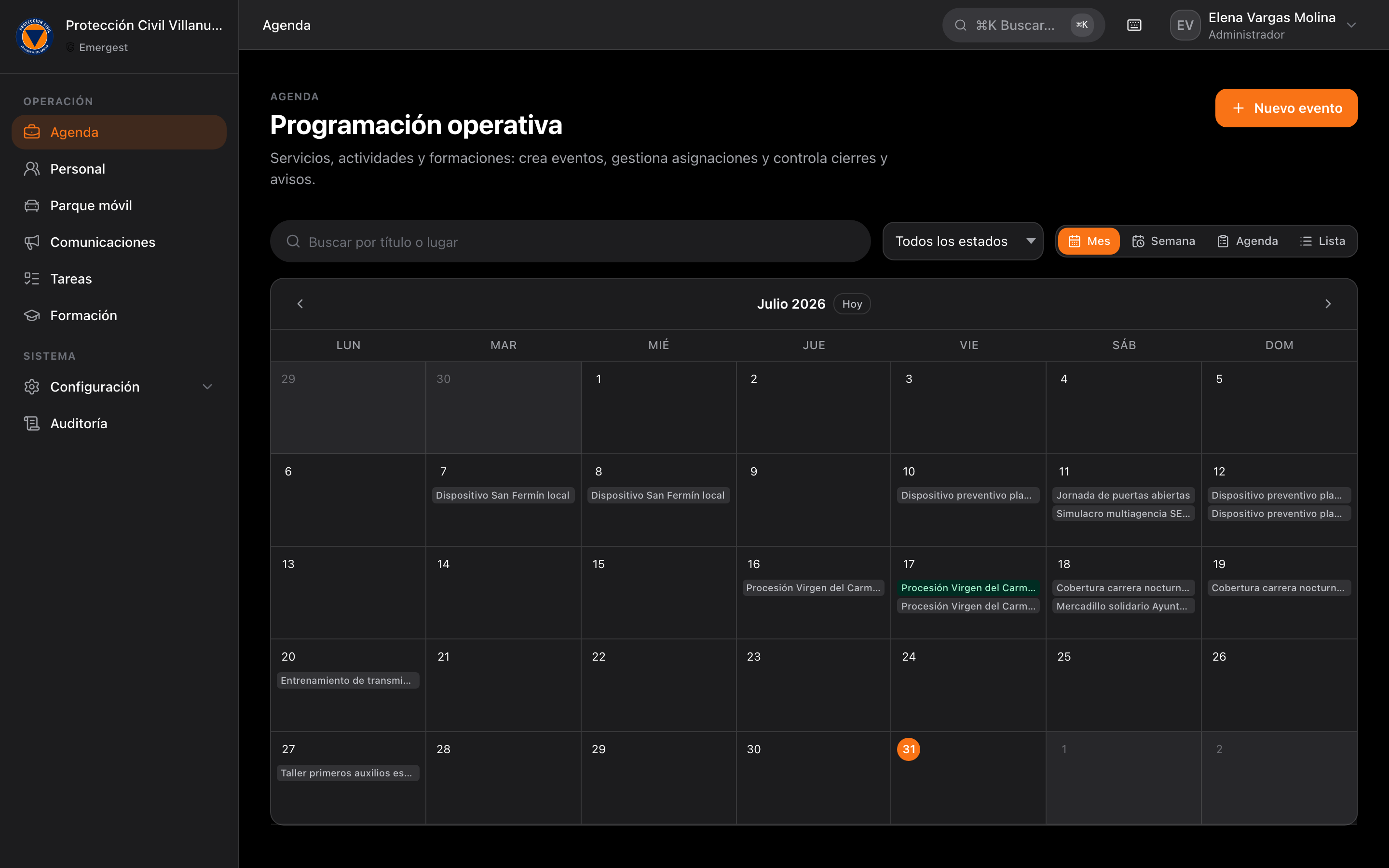Calendario mensual de dispositivos
