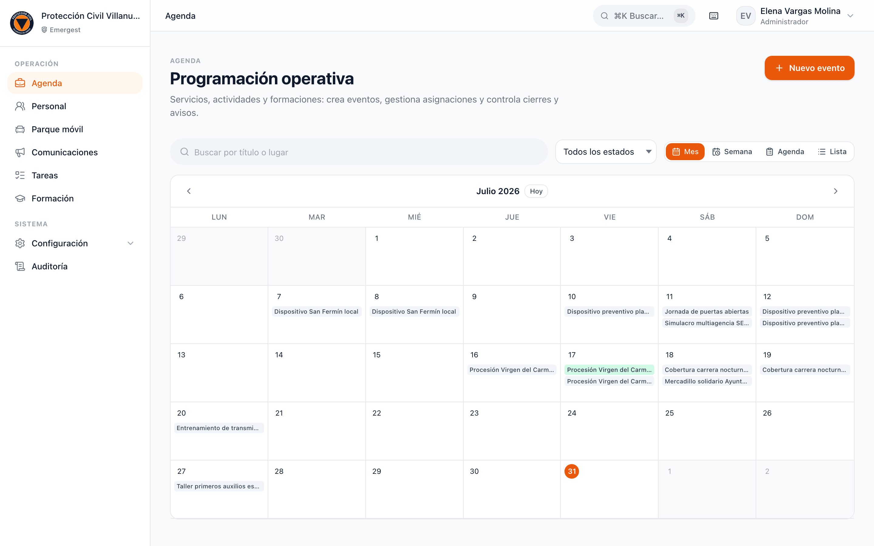 Calendario de servicios en Emergest Gestión